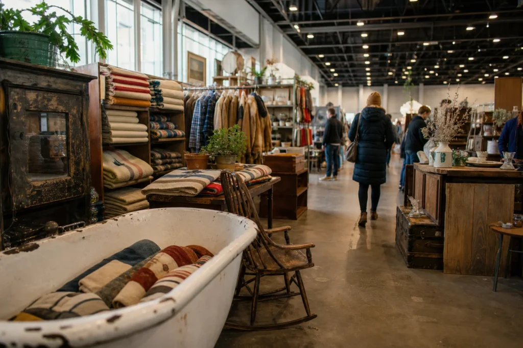 shoppers browsing antique and vintage market stalls at Junk Bonanza Vintage Market Portland in Oregon