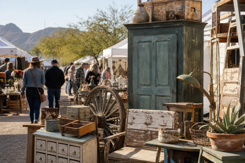shoppers browsing antique and vintage market stalls at Junk In the Trunk Vintage Market in Arizona