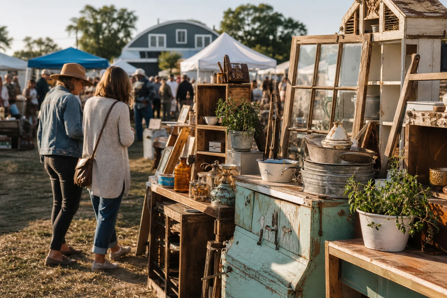 shoppers browsing antique and vintage market stalls at Junkstock Omaha in Nebraska