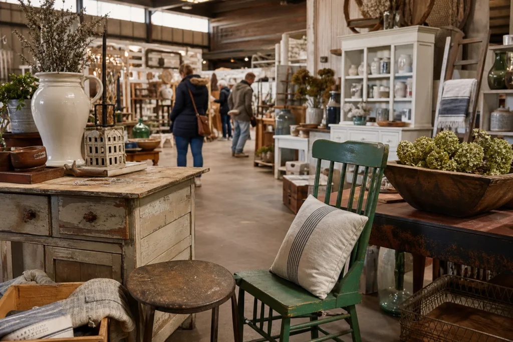 shoppers browsing antique and vintage market stalls at Junktoberfest in Nebraska