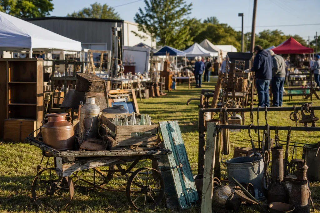 shoppers browsing antique and vintage market stalls at Kan-Okla 100 Mile Highway Sale in USA