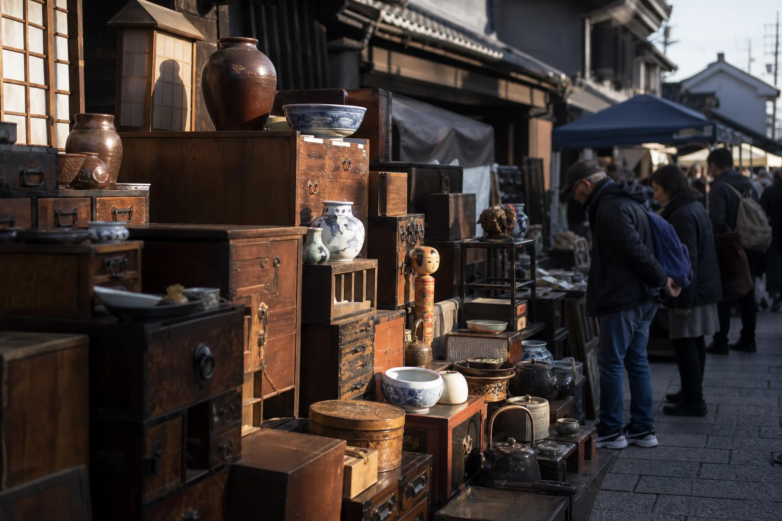 shoppers browsing antique and vintage market stalls at Kawagoe Antique Market – 川越骨董市 in Japan, Tokyo