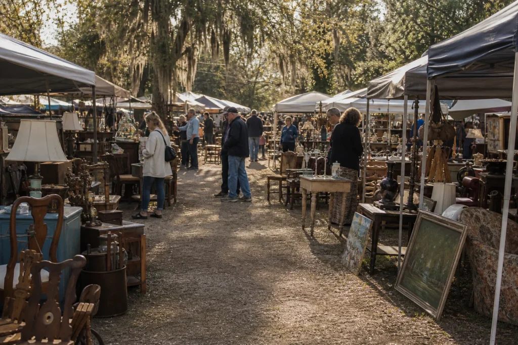 shoppers browsing antique and vintage market stalls at Keller’s Flea Market in Georgia