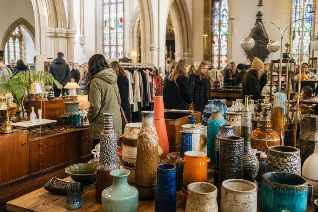 shoppers browsing antique and vintage market stalls at Kensington Vintage Fair in London