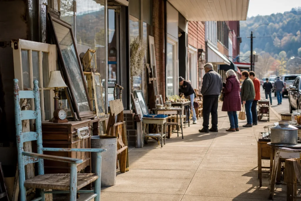 shoppers browsing antique and vintage market stalls at Kentucky’s Antique Capital