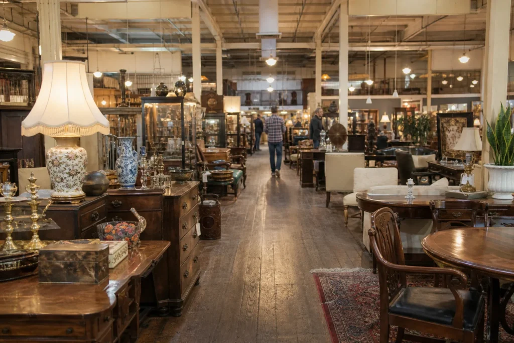 shoppers browsing antique and vintage market stalls at King Richard’s Antique Center in California, Los Angeles