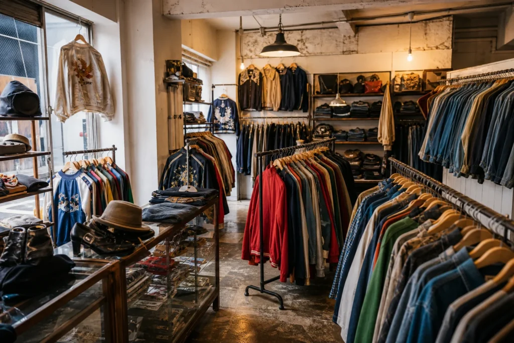 shoppers browsing antique and vintage market stalls at KINJI Harajuku – 原宿店 in Tokyo