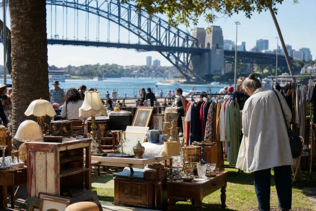 shoppers browsing antique and vintage market stalls at Kirribilli Markets in New South Wales, Sydney