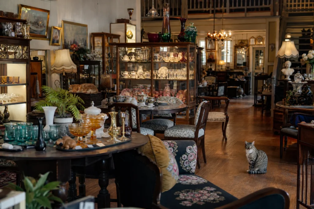 shoppers browsing antique and vintage market stalls at Kitten Vintage Mackay in Queensland