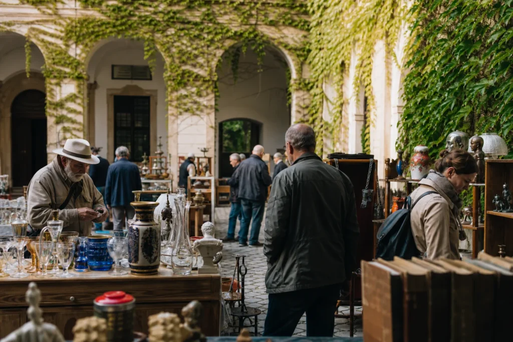 shoppers browsing antique and vintage market stalls at Klementinum Antique Market in Czech Republic