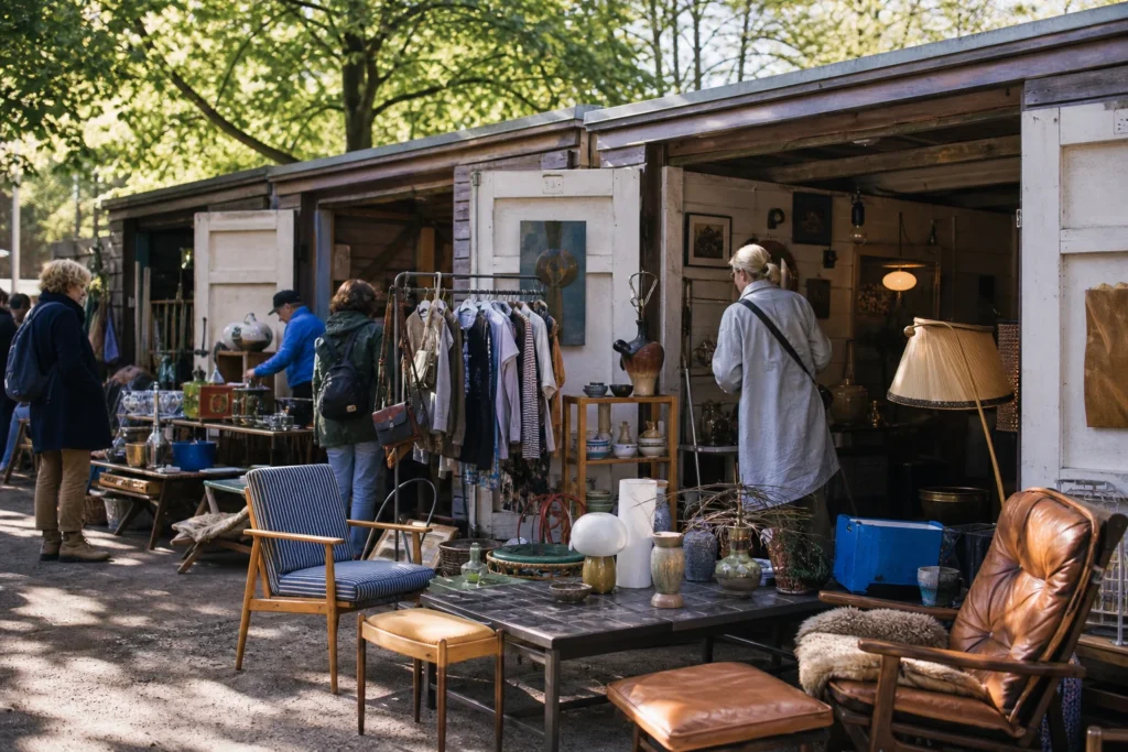 shoppers browsing antique and vintage market stalls at Københavnstrup in Copenhagen