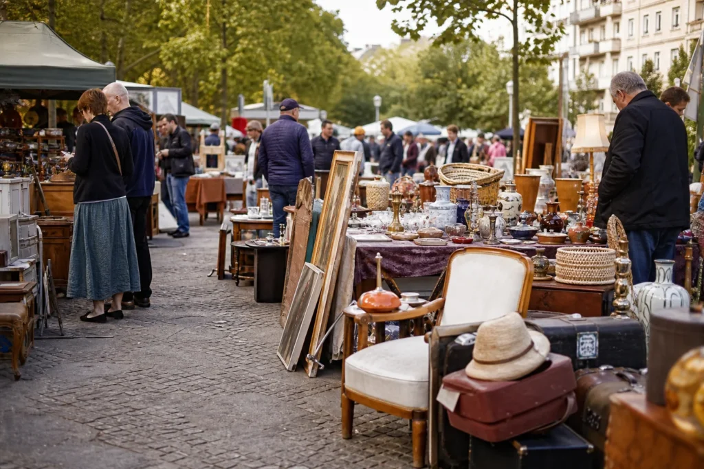 shoppers browsing antique and vintage market stalls at Kunst- Und Trödelmarkt am Fehrbelliner Platz in Berlin, Germany