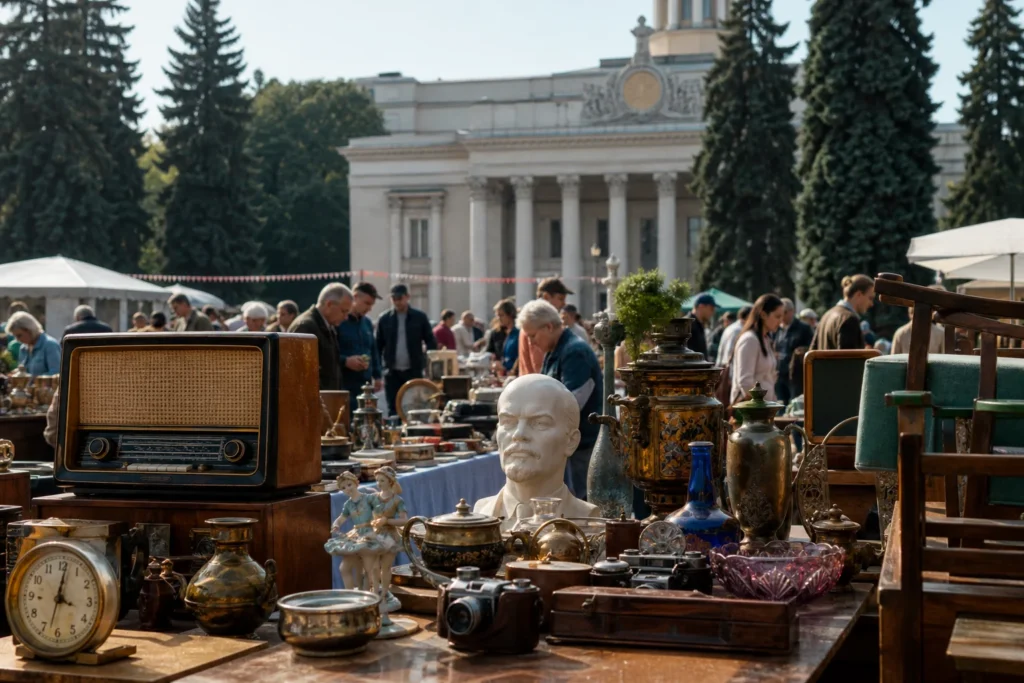 shoppers browsing antique and vintage market stalls at Kurazh in Ukraine