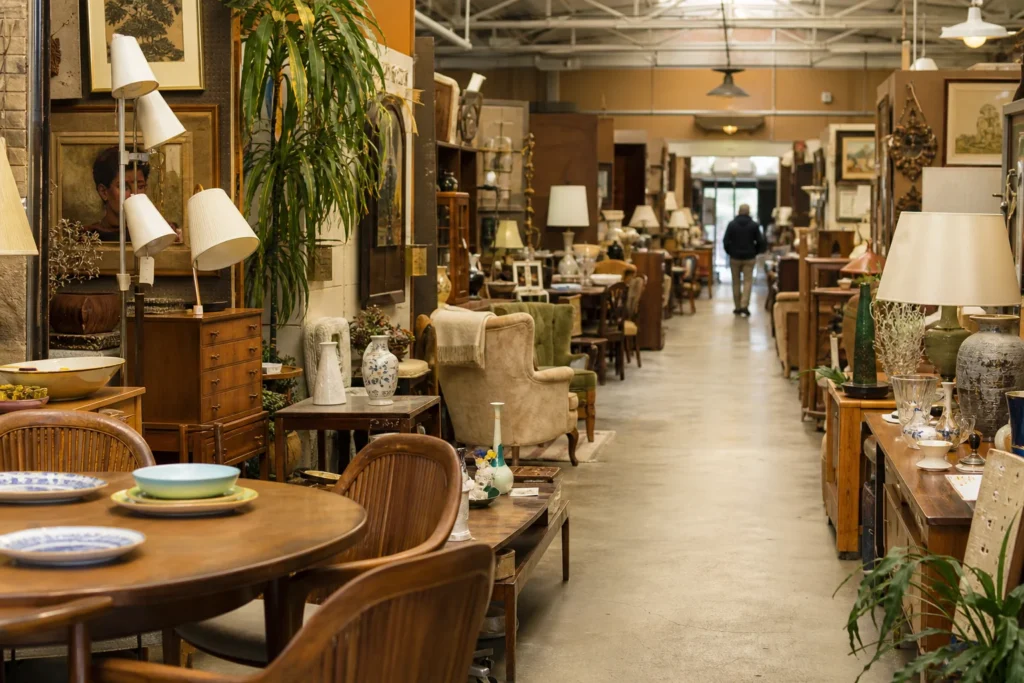 shoppers browsing antique and vintage market stalls at Kurtz Street Vintage Market Place in California