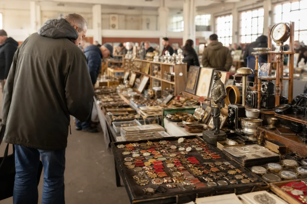 shoppers browsing antique and vintage market stalls at Kyiv Antique Market in Ukraine