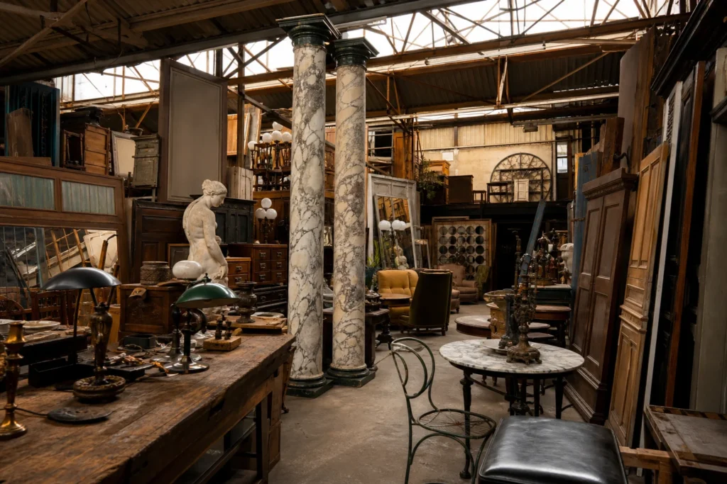shoppers browsing antique and vintage market stalls at La Ressourcerie du Cinéma in Paris