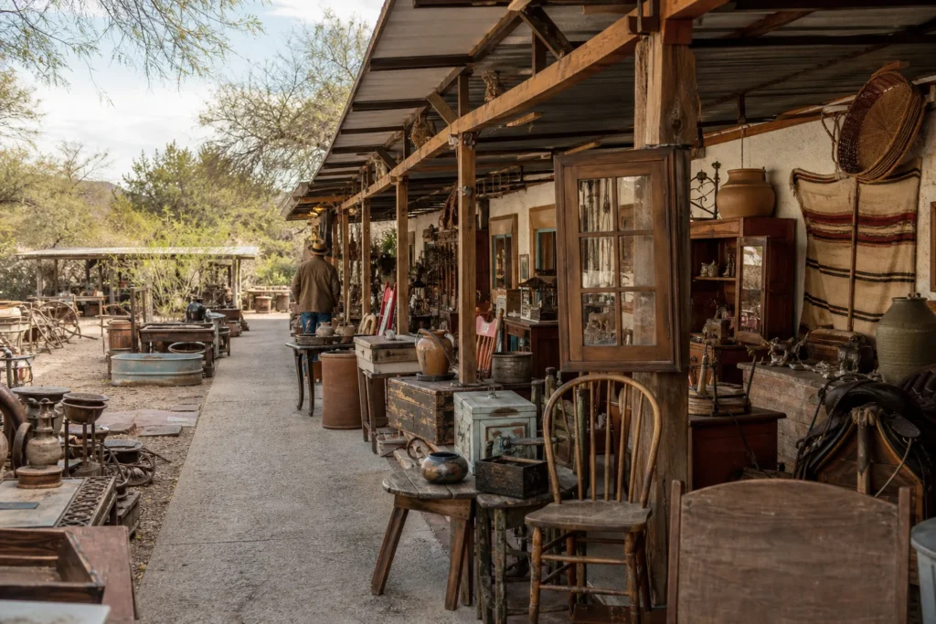 shoppers browsing antique and vintage market stalls at Larry’s Antiques and Things in Arizona