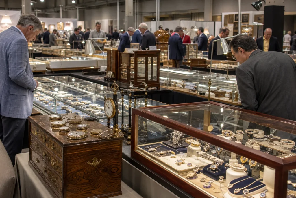 shoppers browsing antique and vintage market stalls at Las Vegas Antique Jewelry & Watch Show in Las Vegas, Nevada