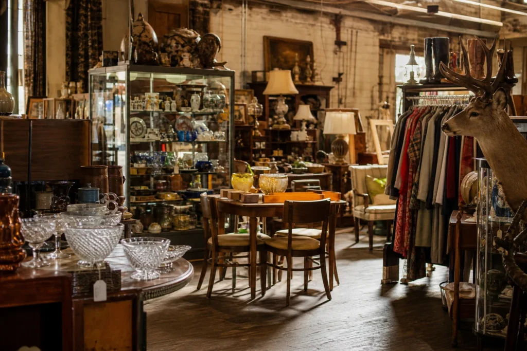 shoppers browsing antique and vintage market stalls at Lasalle Shoppes in Texas