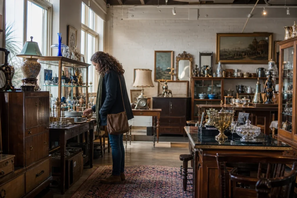 shoppers browsing antique and vintage market stalls at Launceston’s Antique District in Tasmania