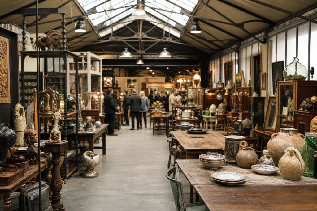 shoppers browsing antique and vintage market stalls at Le 194 in France