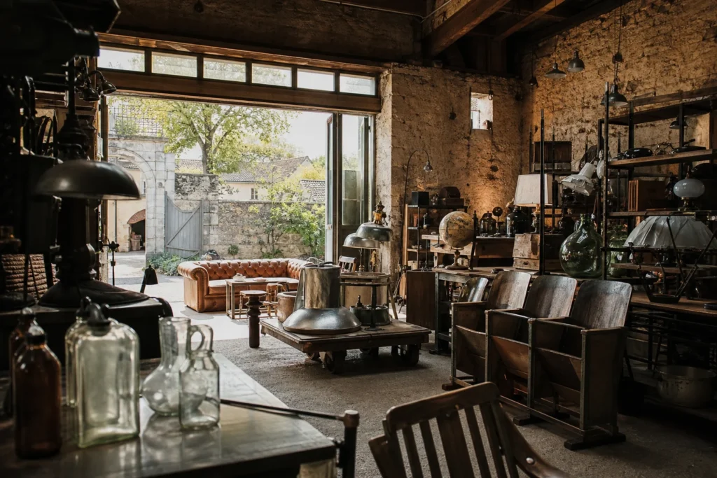 shoppers browsing antique and vintage market stalls at Le Déchineur in France
