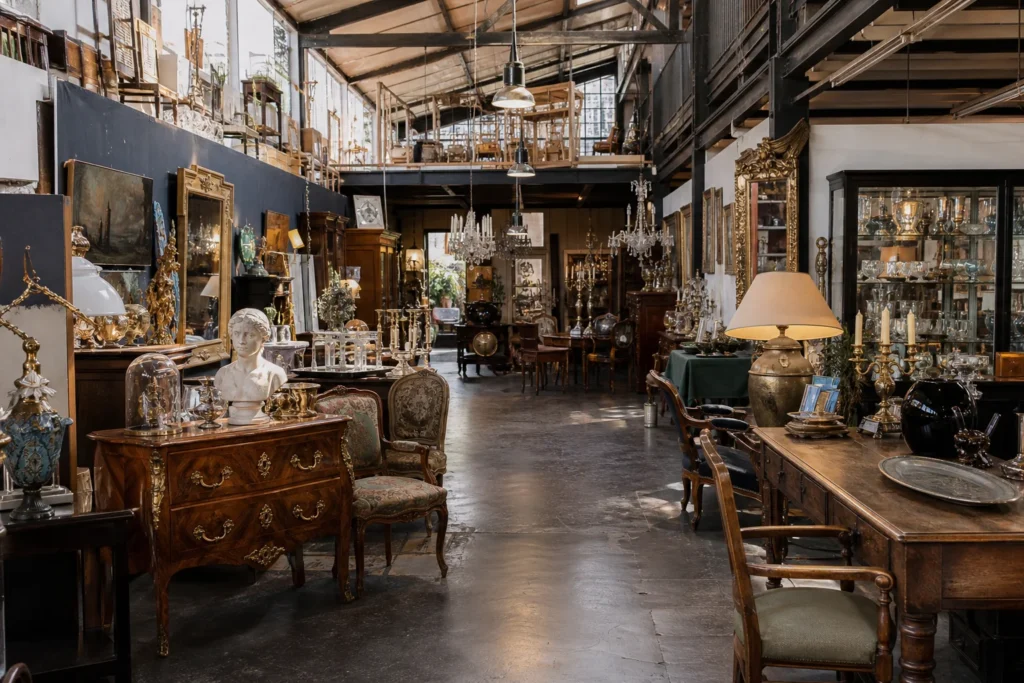 shoppers browsing antique and vintage market stalls at Le Village Notre Dame in France