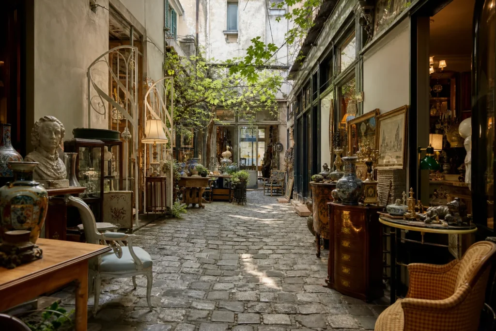 shoppers browsing antique and vintage market stalls at Le Village Saint-Paul in Paris