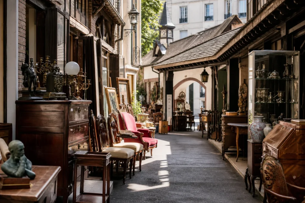 shoppers browsing antique and vintage market stalls at Le Village Suisse in Paris