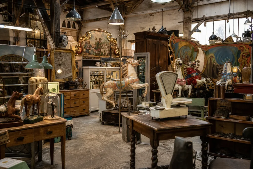 shoppers browsing antique and vintage market stalls at L’entrePot​ in France, Perche