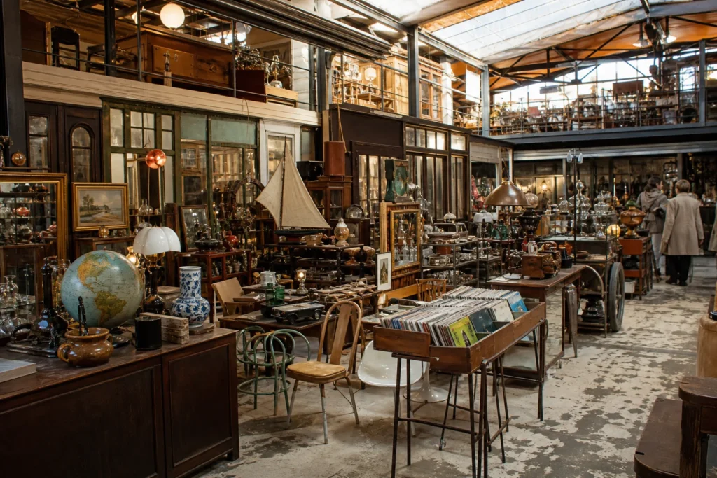 shoppers browsing antique and vintage market stalls at L’Entrepôt Saint-Germain in France
