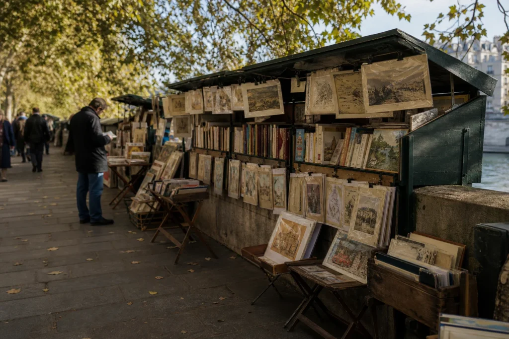 shoppers browsing antique and vintage market stalls at Les Bouquinistes de Paris