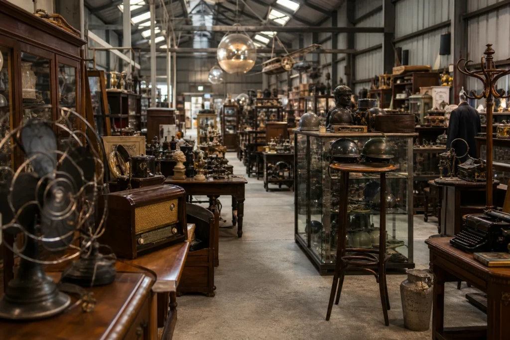 shoppers browsing antique and vintage market stalls at Les Couloirs du Temps in France