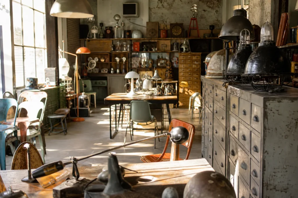 shoppers browsing antique and vintage market stalls at Les Nouveaux Brocanteurs in France, Paris