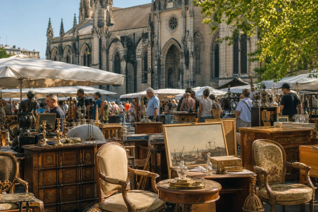 shoppers browsing antique and vintage market stalls at Les Puces de Saint Michel in France