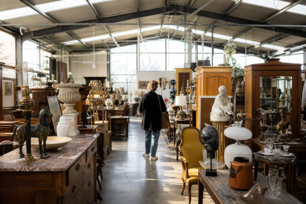 shoppers browsing antique and vintage market stalls at Les Puces Dinannaises in France