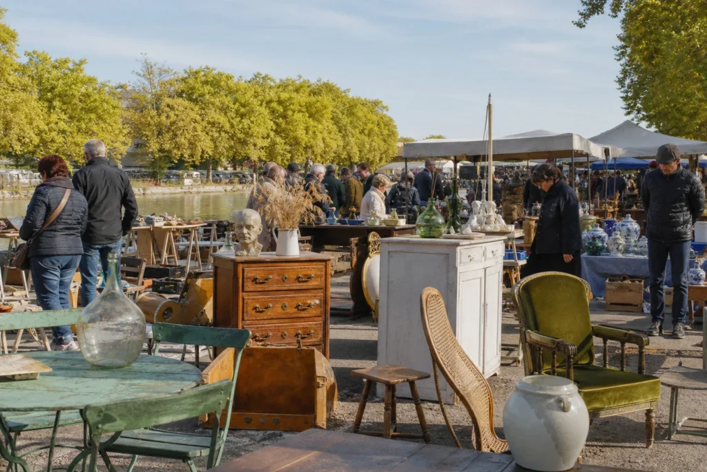 shoppers browsing antique and vintage market stalls at Les Puces du Canal in France