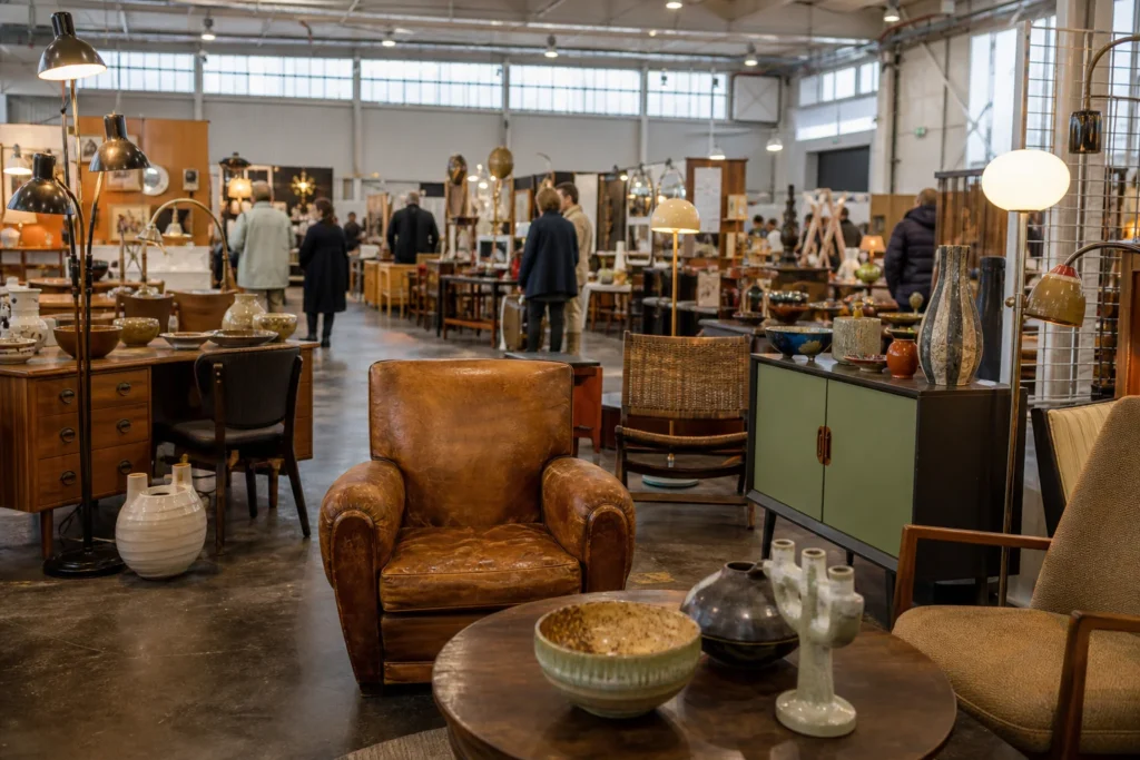 shoppers browsing antique and vintage market stalls at Les Puces Internationales de Nancy in France