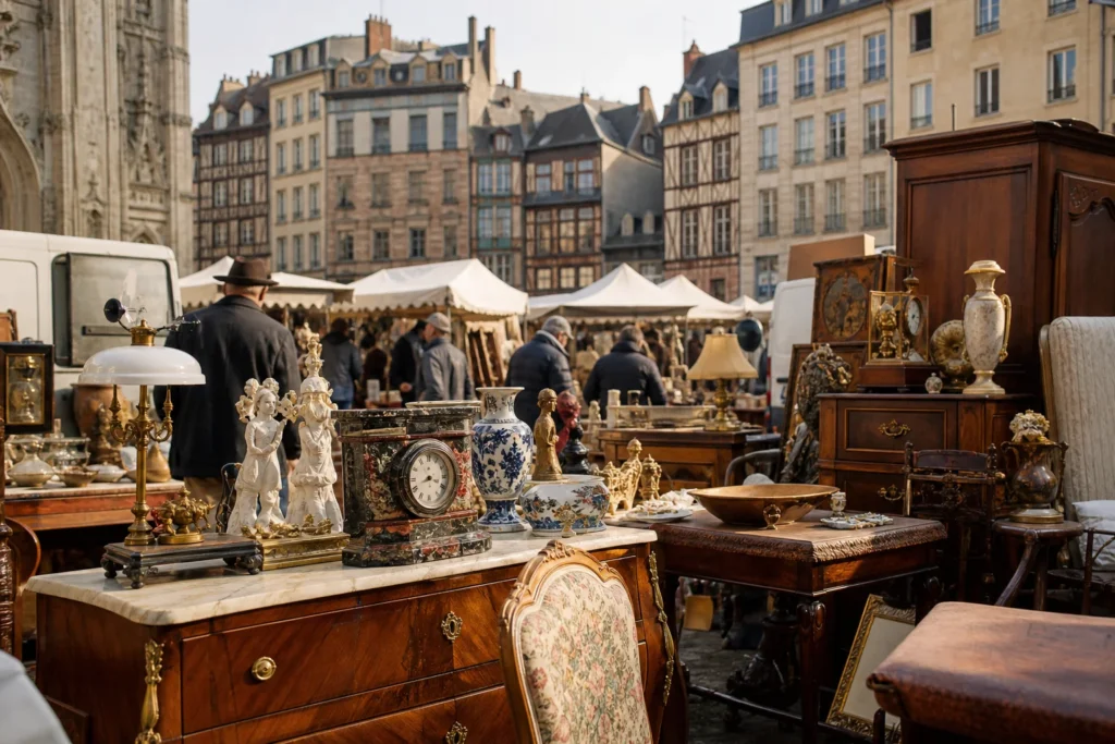 shoppers browsing antique and vintage market stalls at Les Puces Rouennaises in France