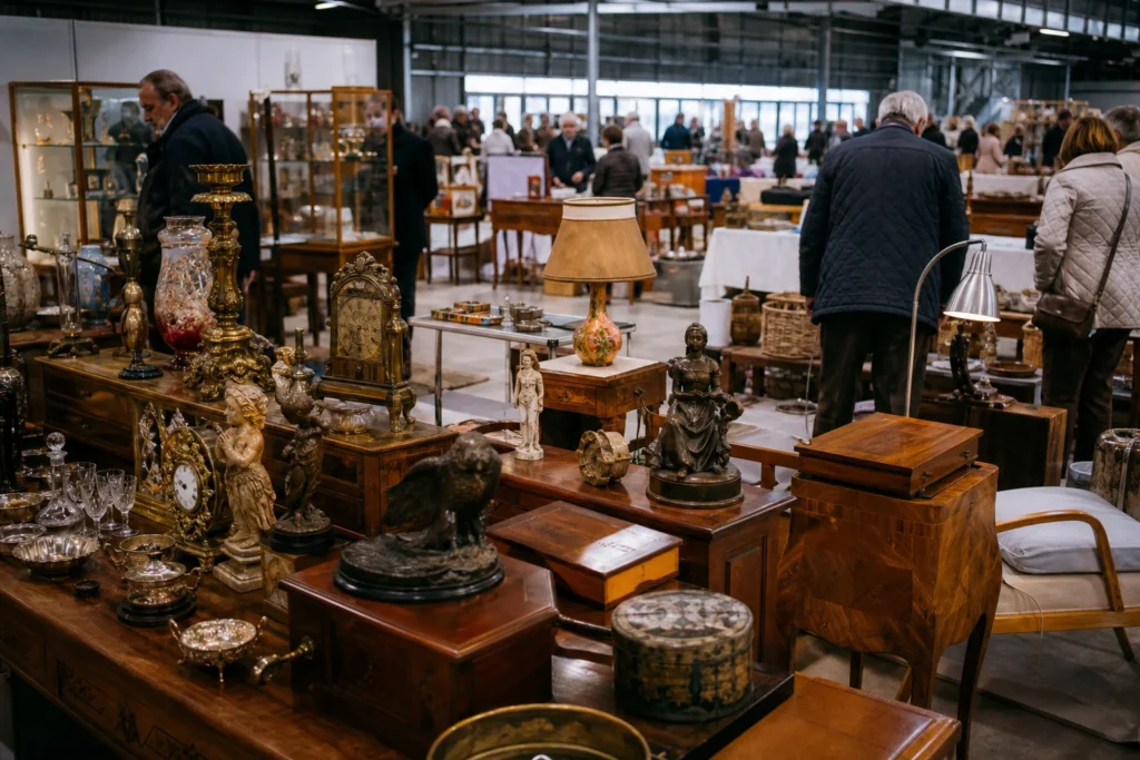 shoppers browsing antique and vintage market stalls at Les Puces Sarthoises in France