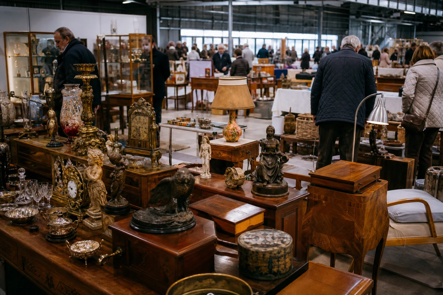 shoppers browsing antique and vintage market stalls at Les Puces Sarthoises in France