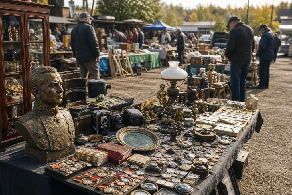 shoppers browsing antique and vintage market stalls at Levsha Flea Market in Moscow, Russia