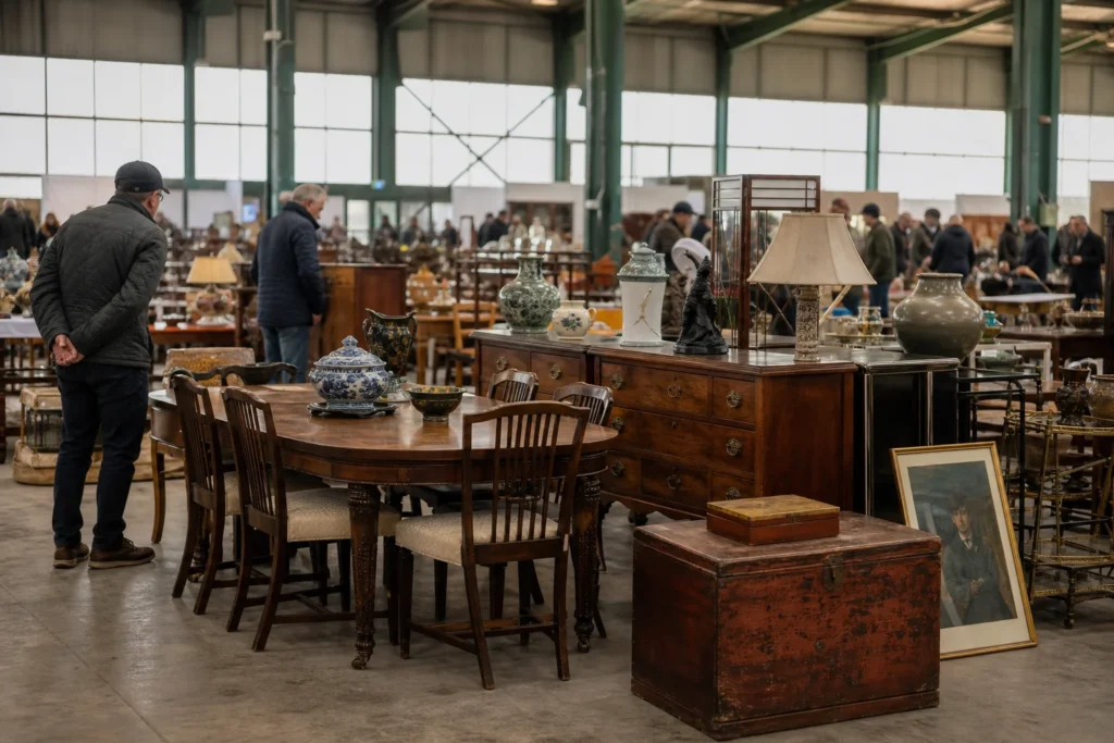 shoppers browsing antique and vintage market stalls at Lincoln Antiques & Home Show in United Kingdom
