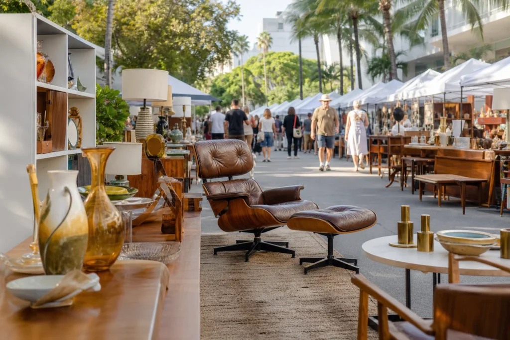 shoppers browsing antique and vintage market stalls at Lincoln Road Antique & Collectible Market in Florida, Miami