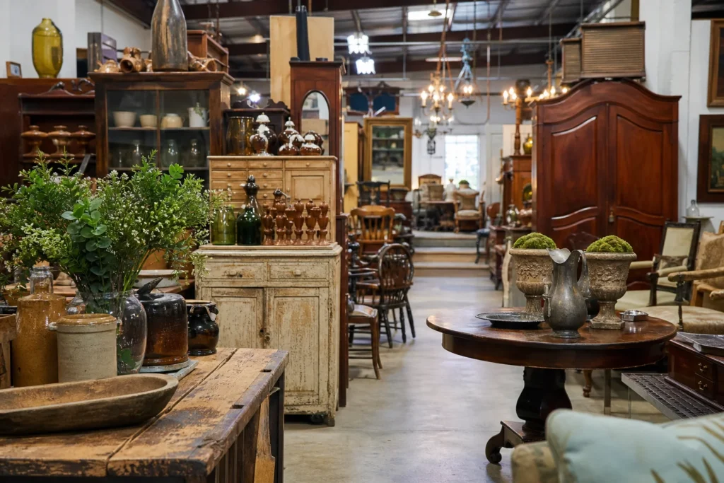 shoppers browsing antique and vintage market stalls at Little Wing Antiques in New South Wales