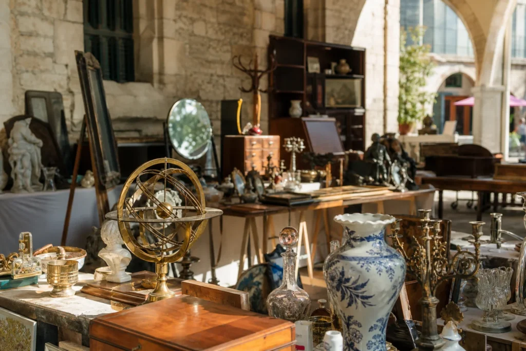 shoppers browsing antique and vintage market stalls at LiveAuctioneers in Place Charles David, 30400 Villeneuve-lès-Avignon, France