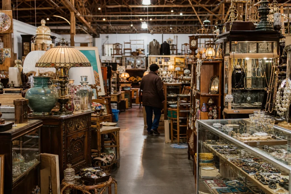 shoppers browsing antique and vintage market stalls at Long Beach Antique Mall in California, Los Angeles