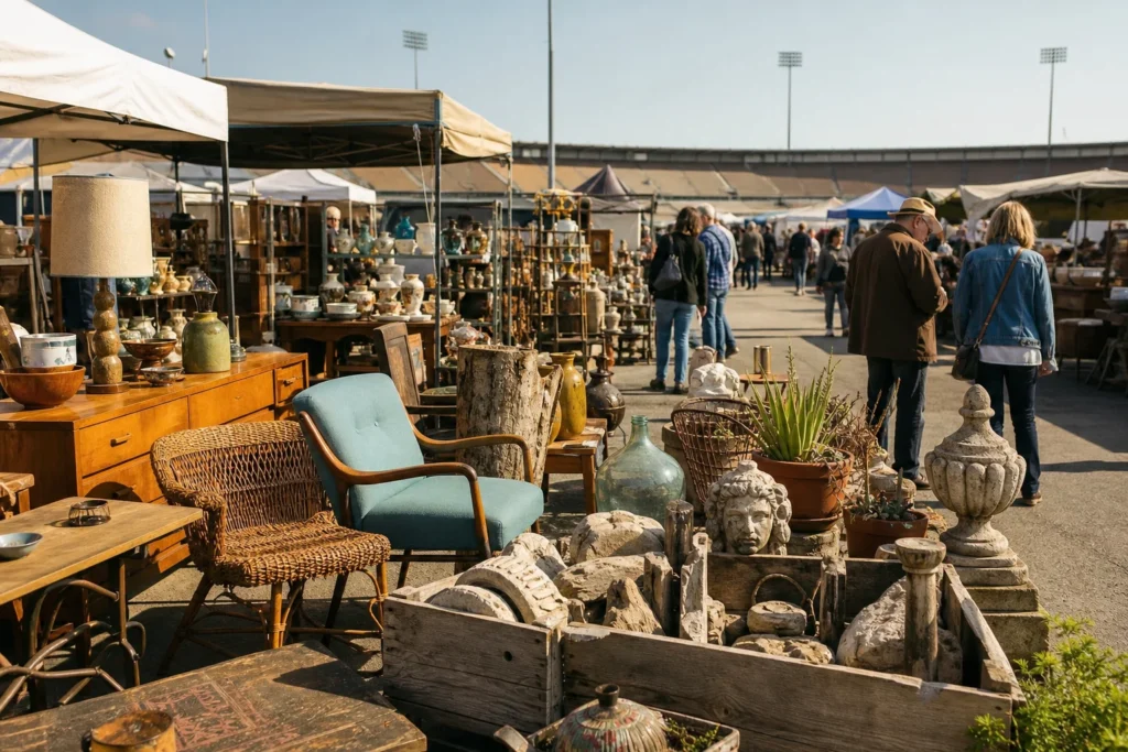 shoppers browsing antique and vintage market stalls at Long Beach Antique Market in California, Los Angeles