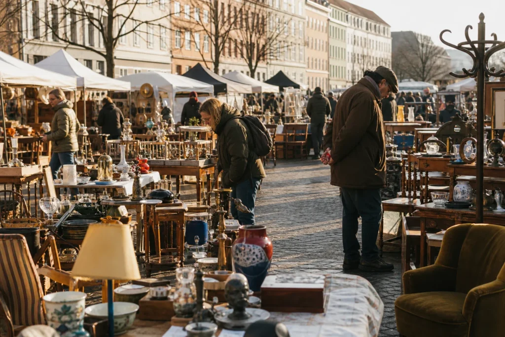 shoppers browsing antique and vintage market stalls at LoppeLinda in Copenhagen