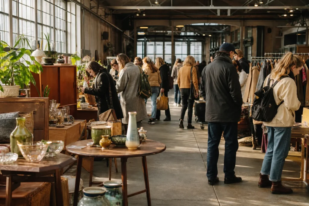 shoppers browsing antique and vintage market stalls at Loppemarked i Remisen in Copenhagen